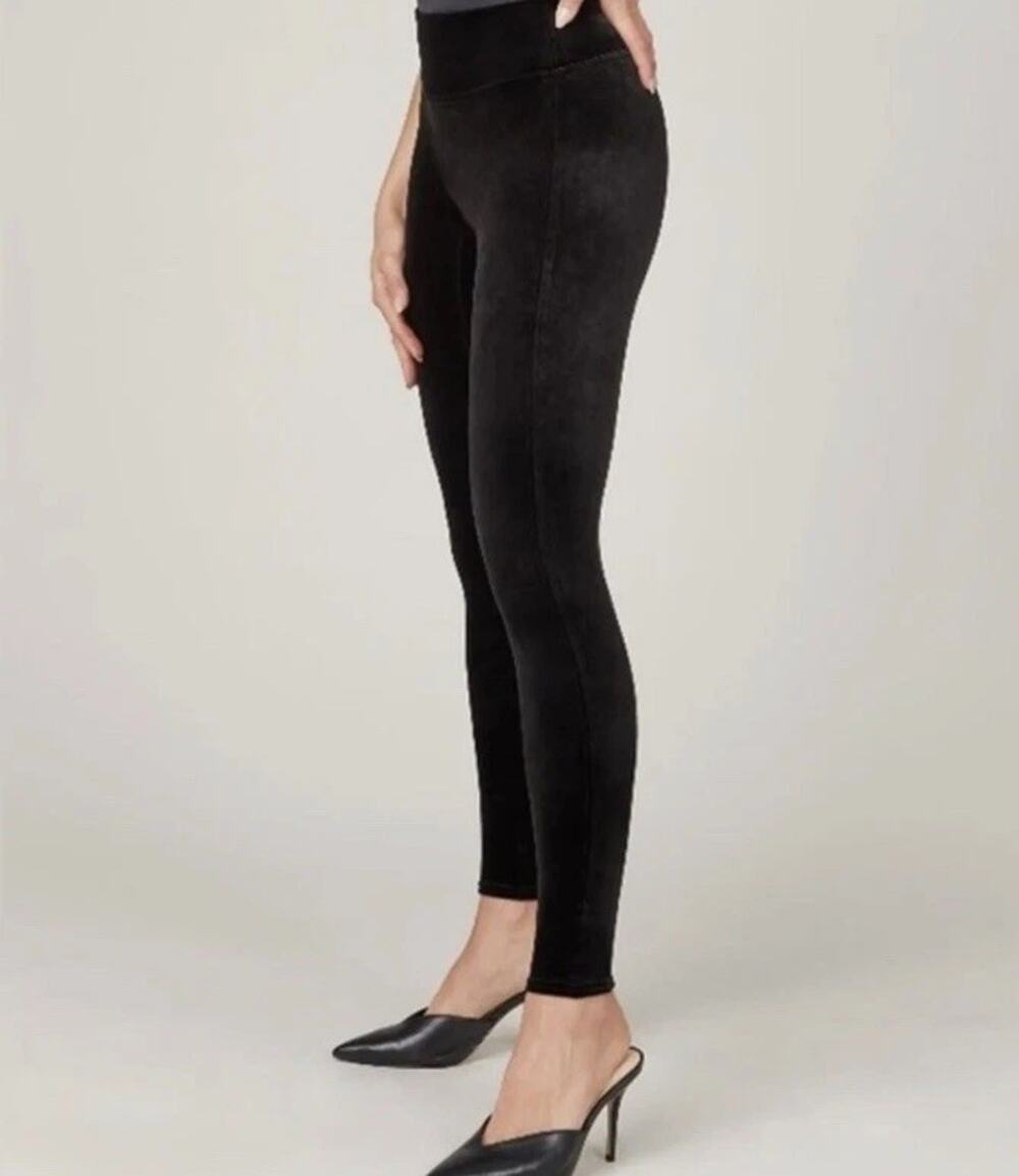 SPANX Leggings Womens XL Black Velvet High Waisted Shaping Pull On Stretch